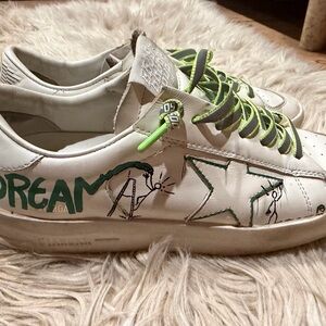 Golden Goose White Sneakers with Neon Green Accents